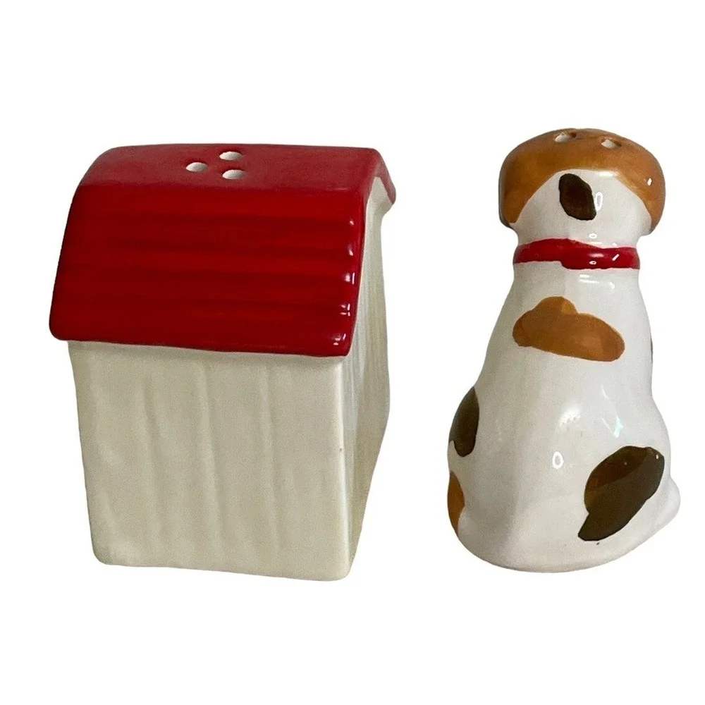 Dog and Doghouse Salt and Pepper Shaker Set Ceramic Brown White Red